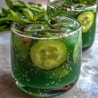 Sparkling Cucumber Mint Lemonade Mocktail on ice with fresh garnishes.
